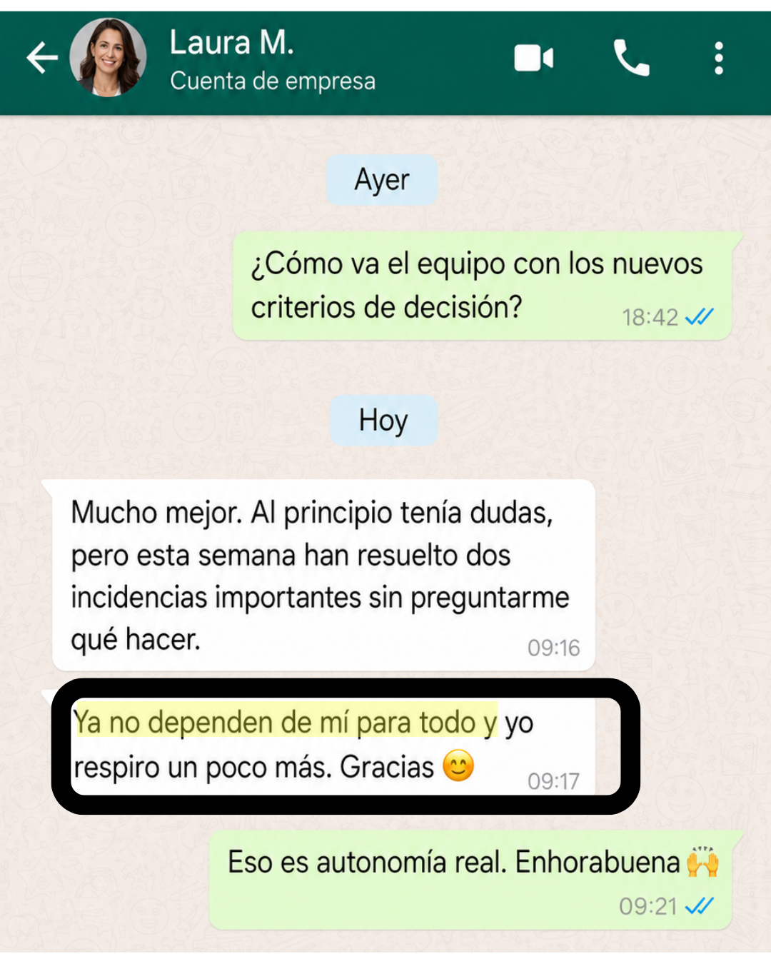 Captura completa de un mensaje real de una clienta del programa