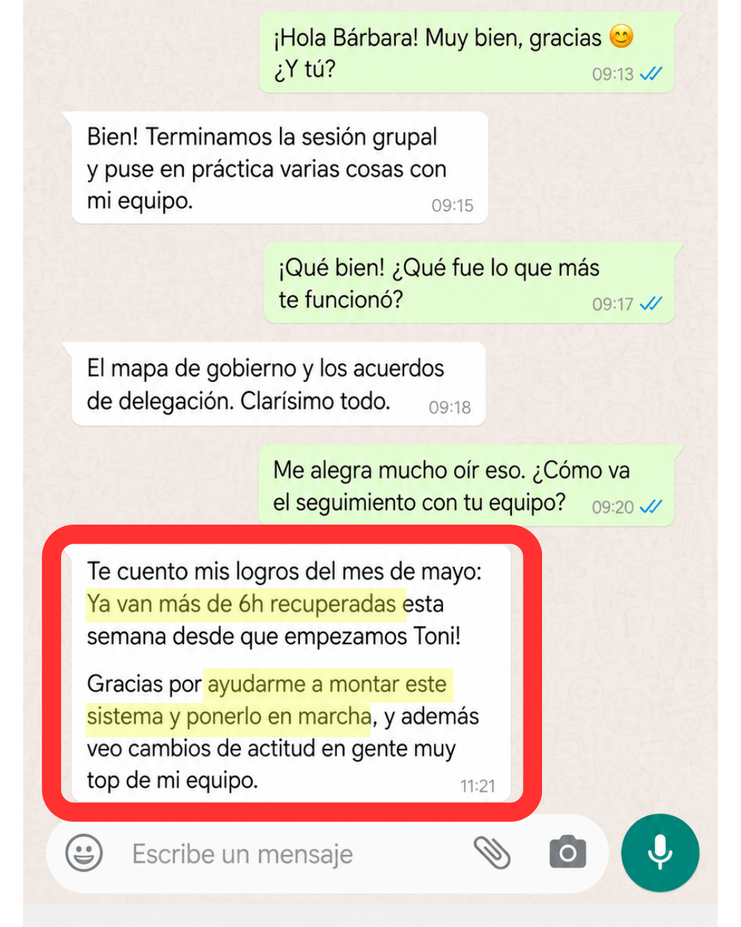Captura completa de un mensaje real de una clienta del programa