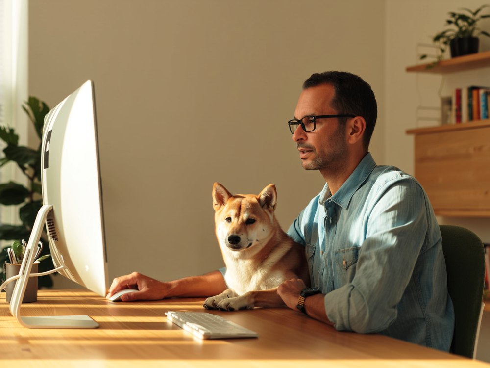 Toni Camí trabajando en su escritorio junto a su perro